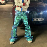 Hearujoy Streetwear Coated Green Laser Glossy Jeans for Men and Women Straight Solid Color Baggy Flare Denim Trousers Oversized Cargos